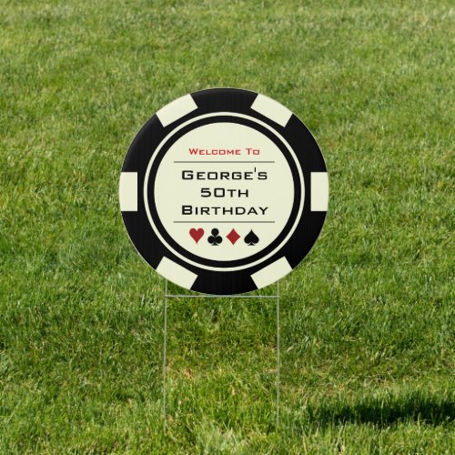 Welcome Black Cream Poker Chip Birthday Party Sign