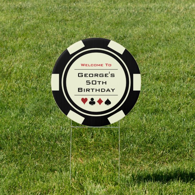 Welcome Black Cream Poker Chip Birthday Party Sign (Insitu)