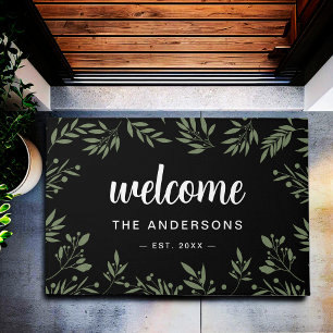 Welcome Black Elegant Green Foliage Personalized Doormat