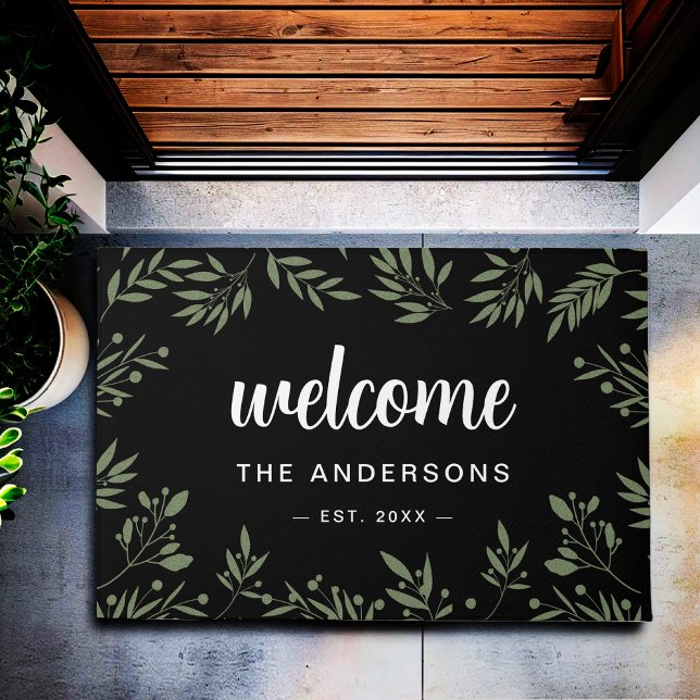 Welcome Black Elegant Green Foliage Personalized  Doormat (Creator Uploaded)