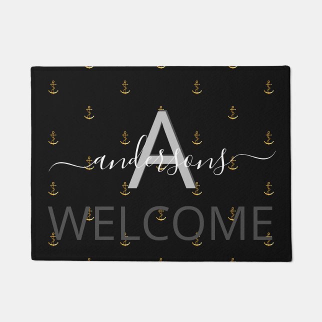 Welcome black gold anchor nautical boat monogram doormat (Front)