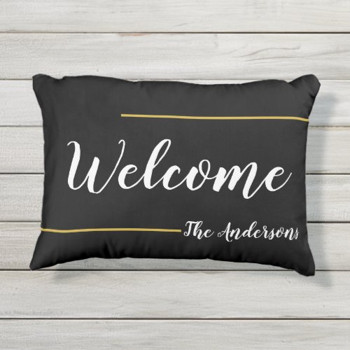 Welcome Black Gold and White Script Text Name Outdoor Pillow