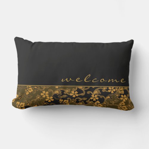 Welcome  Black  Gold Elegant Floral Tapestry Lumbar Pillow