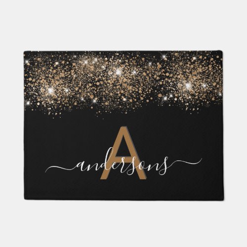 Welcome black gold glitter family monogram doormat