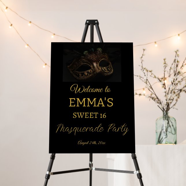 Welcome Black & Gold Masquerade Sweet 16 Birthday Foam Board (In Situ (Stand))