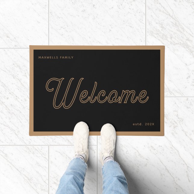Welcome Black Gold Script Family Name Year Doormat (Indoor)