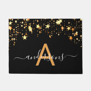 Welcome black gold stars dripping family monogram doormat