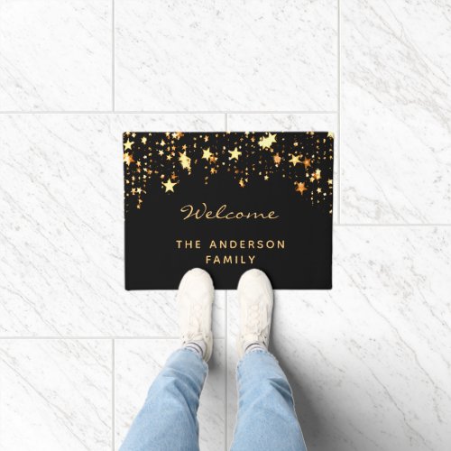 Welcome black gold stars dripping family name doormat