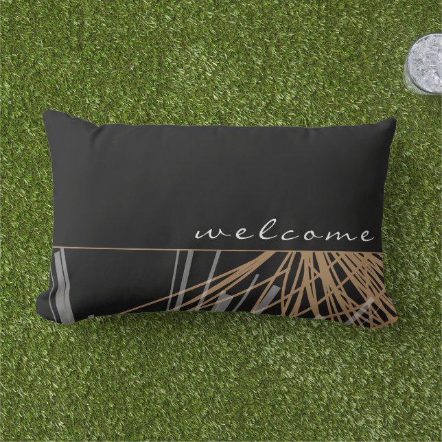 Welcome | Black Gold & White Abstract Ribbons Lumbar Pillow (Grass)