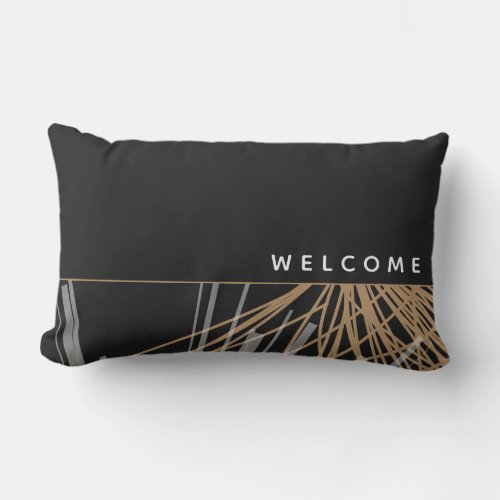 Welcome  Black Gold  White Abstract Ribbons Lumbar Pillow