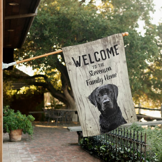 Welcome Black Lab Dog Animal Rustic Family Name  House Flag (In SItu)