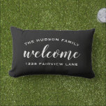 Welcome Black Personalized Family Name Address Lumbar Pillow<br><div class="desc">Simply stylish lumbar throw pillow feature "Welcome" modern script text in white with custom arched text that can be personalized with your family's last name monogram and your street address. Two sided design on the front and back included. The white text and black background can be modified to coordinate with...</div>