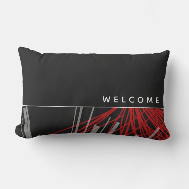 Welcome | Black Red & White Abstract Ribbons Lumbar Pillow (Front)