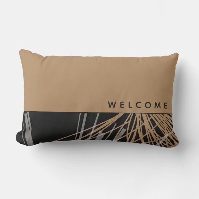 Welcome | Black & Tan Abstract Ribbons Lumbar Pillow (Front)