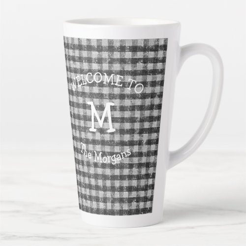 Welcome Black White Check Farmhouse Name Monogram Latte Mug