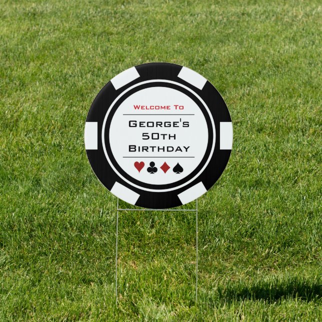Welcome Black White Red Poker Chip Birthday Party Sign (Insitu)
