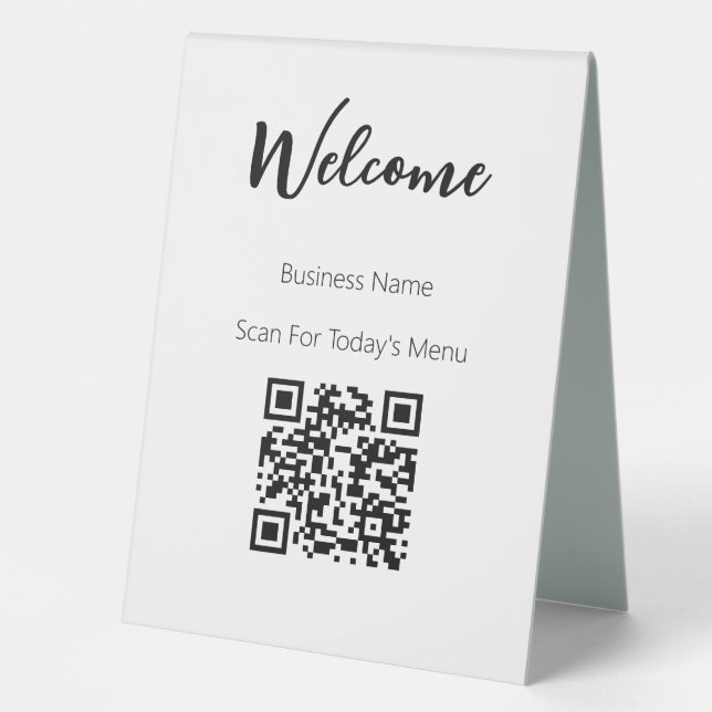Welcome Black White Scan QR Code Business Template Table Tent (Front)