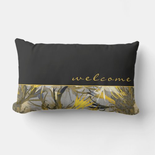 Welcome  Black  Yellow Modern Abstract Floral Lumbar Pillow