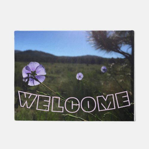 WELCOME Blue Flax Flowers In Prairie Scenic Doormat