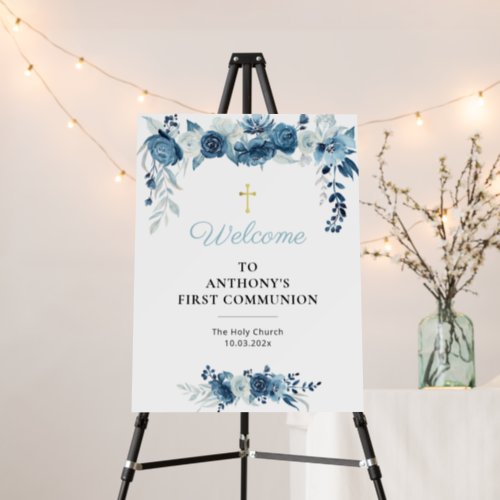 welcome  blue floral first communion sign