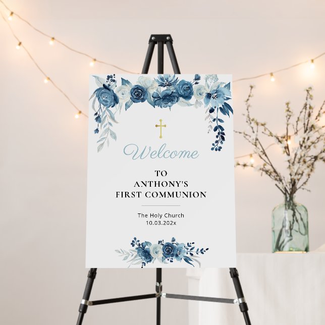 welcome | blue floral first communion sign (In Situ (Stand))