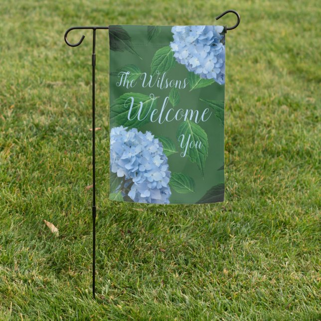 Welcome Blue Hydrangeas Yard Flag (In SItu)