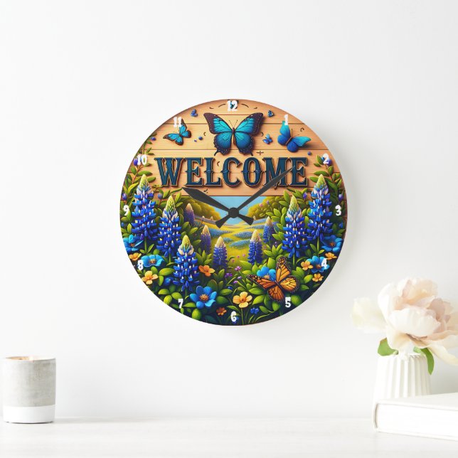 Welcome Blue Lupin Field Butterflies Large Clock (Home)