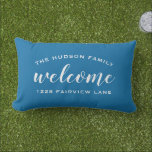Welcome Blue Personalized Family Name Address Lumbar Pillow<br><div class="desc">Simply stylish lumbar throw pillow feature "Welcome" modern script text in white with custom arched text that can be personalized with your family's last name monogram and your street address. Two sided design on the front and back included. The white text and cobalt blue background can be modified to coordinate...</div>