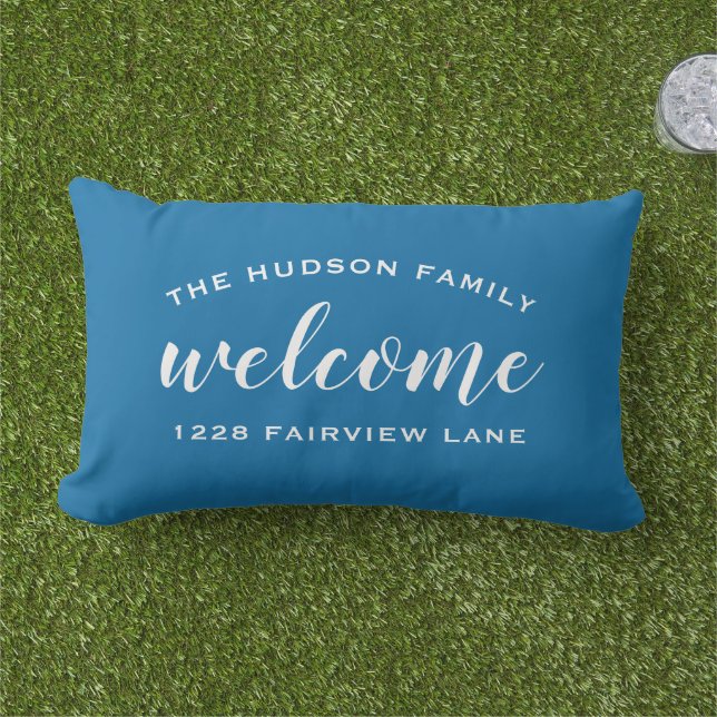 Welcome Blue Personalized Family Name Address Lumbar Pillow (Grass)
