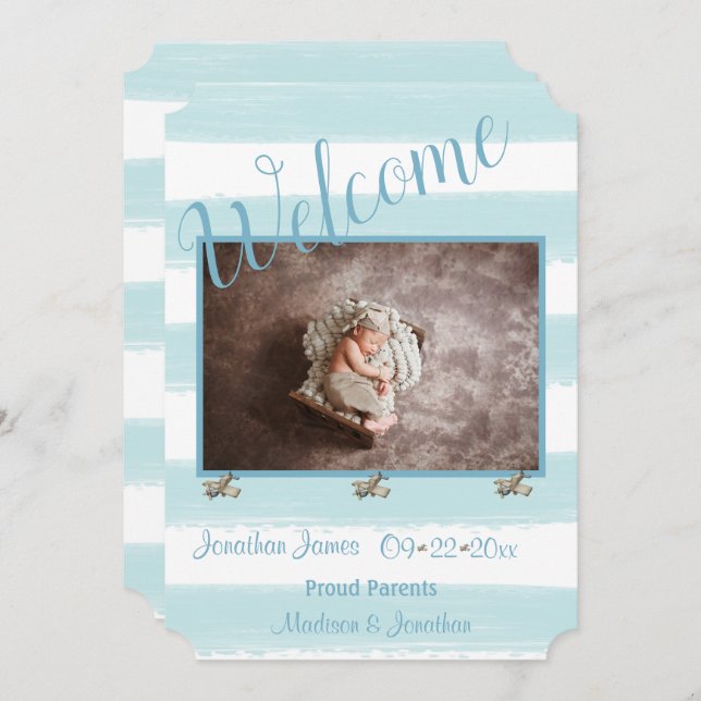Welcome Blue Photo Script Personalize Boy Birth Announcement (Front/Back)