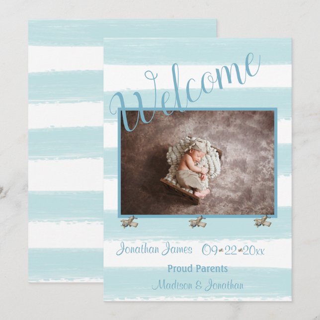 Welcome Blue Photo Script Personalize Boy Birth Announcement (Front/Back)