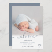 Welcome blue script heart photo boy baby birth announcement