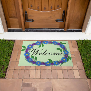 Welcome Blue Violet Floral Wreath Doormat