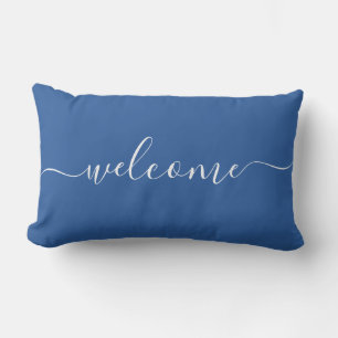 Welcome Blue & White Quote Calligraphy Typography Lumbar Pillow