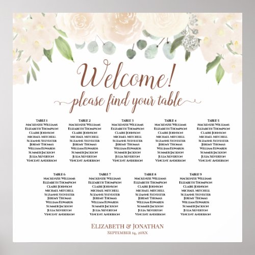 Welcome Blush Peach Roses 9 Table Seating Chart