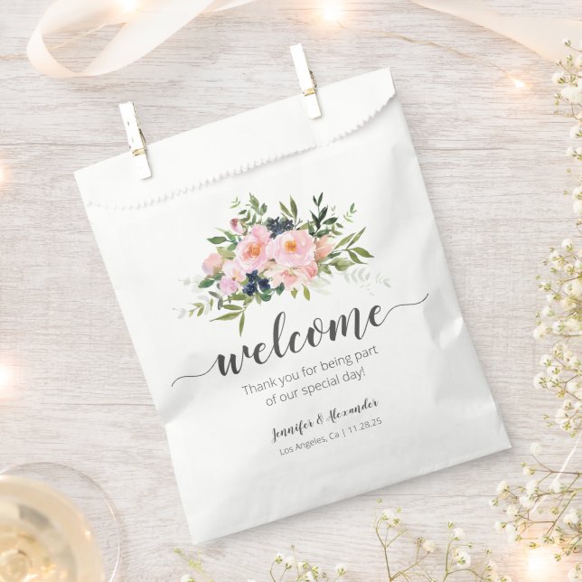 Welcome Blush Pink and Blue Flowers Favor Bag (Clipped)