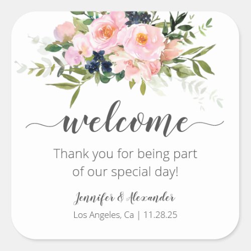 Welcome Blush Pink and Blue Flowers Square Sticker