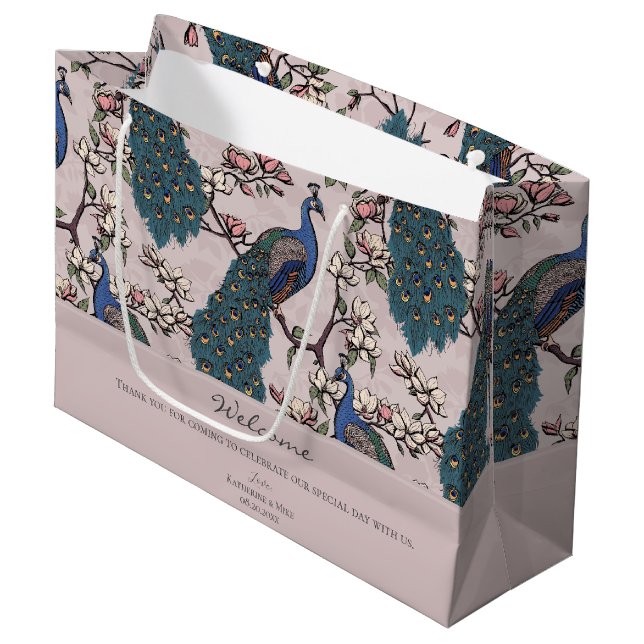 Welcome Blush Pink Floral Peacocks Large Gift Bag (Front Angled)