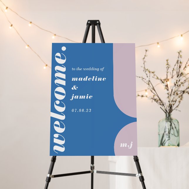 Welcome Bold Blue & Purple Retro Abstract Wedding Foam Board (In Situ (Stand))