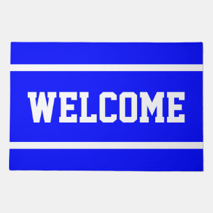 WELCOME Bold Bright Royal Blue White Text Stripes Doormat