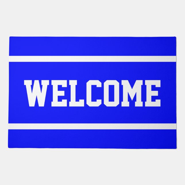 WELCOME Bold Bright Royal Blue White Text Stripes Doormat (Front)