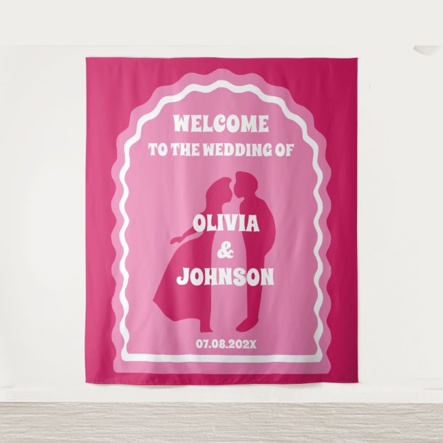 Welcome Bold Pink Magenta Retro Wedding Backdrop (Front)