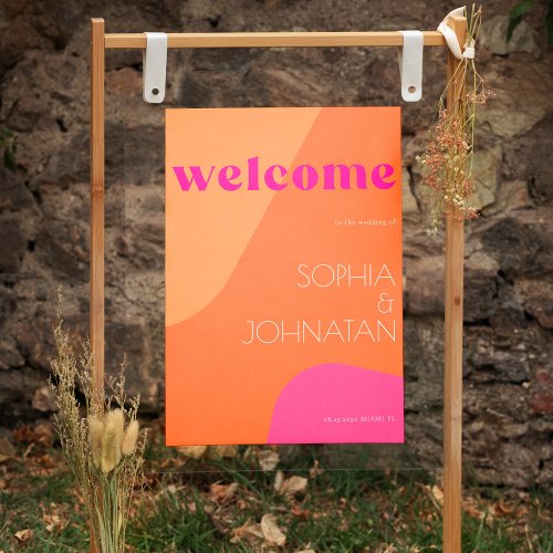 Welcome bold pink orange retro wedding sign 