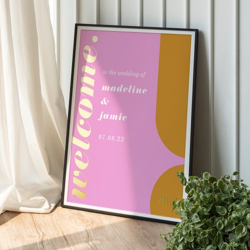 Welcome Bold Pink  Yellow Retro Abstract Wedding Foil Prints