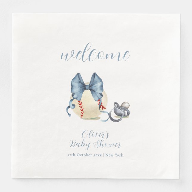 Welcome Bow Pacifier Baseball Sport Baby Shower  Paper Dinner Napkins (Front)