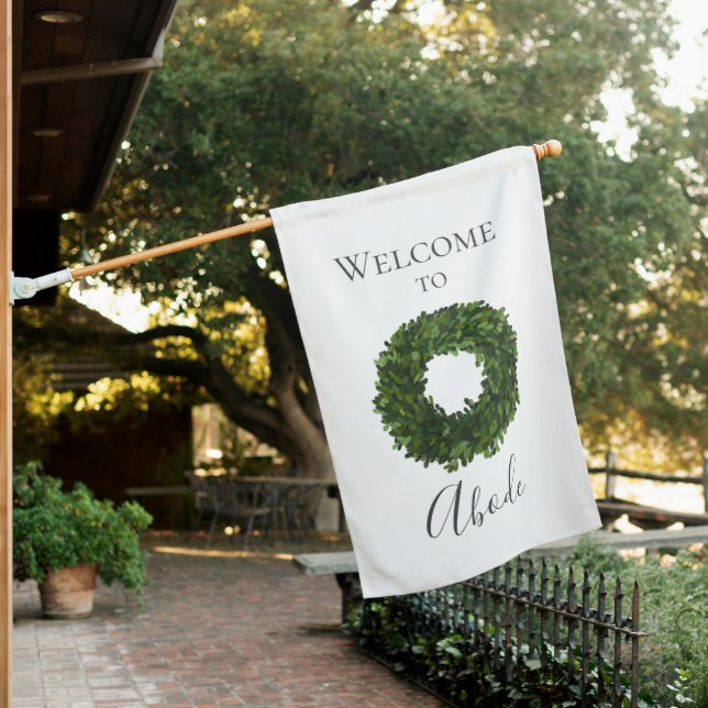 Welcome Boxwood Wreath Business Name House Flag (In SItu)