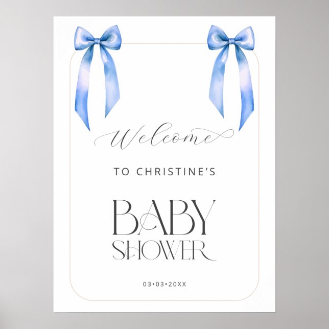 Welcome Boy Blue Bow Twins Baby Shower Poster (Front)