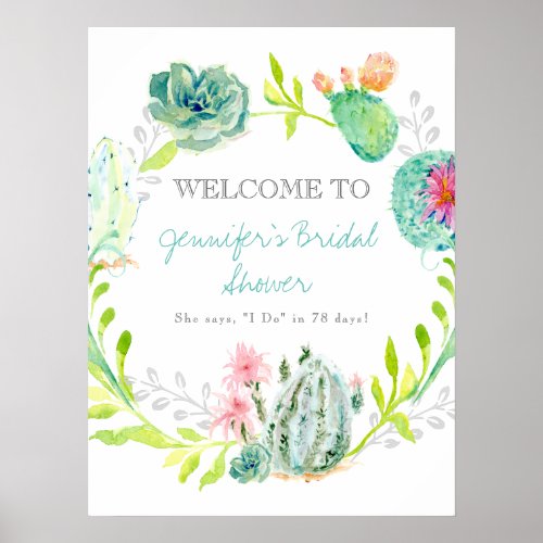 Welcome Bridal Shower Desert Cactus Watercolor Poster