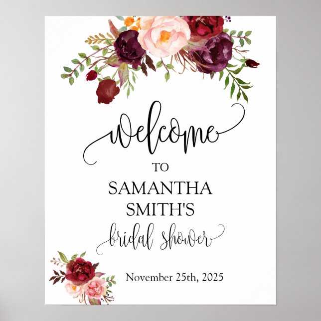 Welcome bridal shower marsala floral wedding sign (Front)