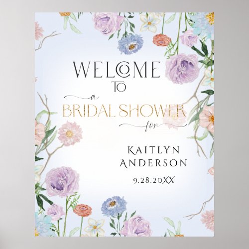 Welcome Bridal Shower Wildflower Sky Blue Floral Poster